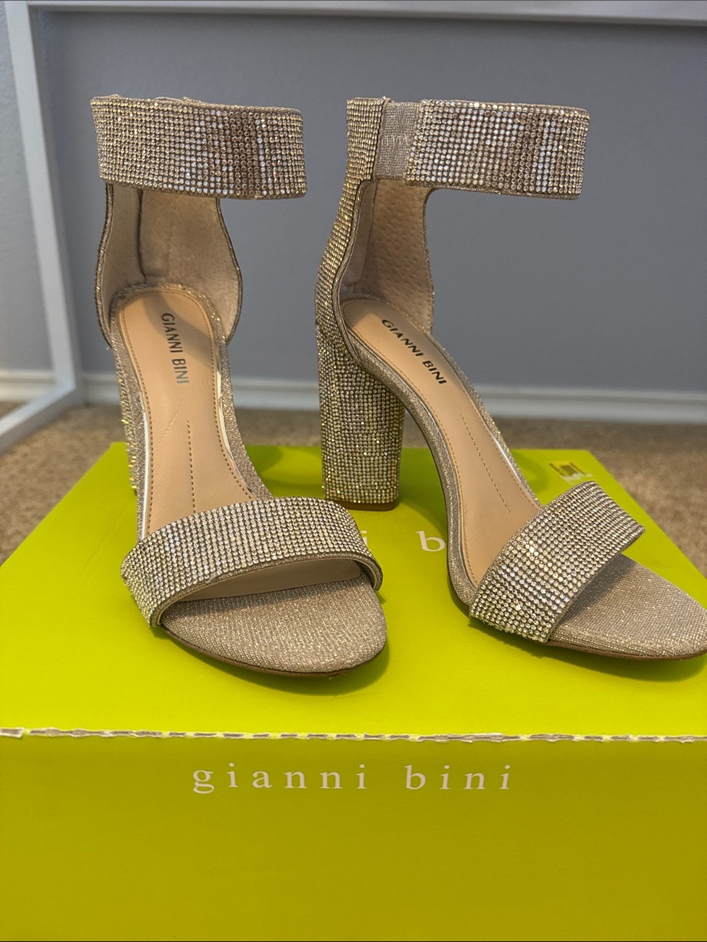 Gianni Bini Gold Glitter Rhinestone Block Heel Sandals